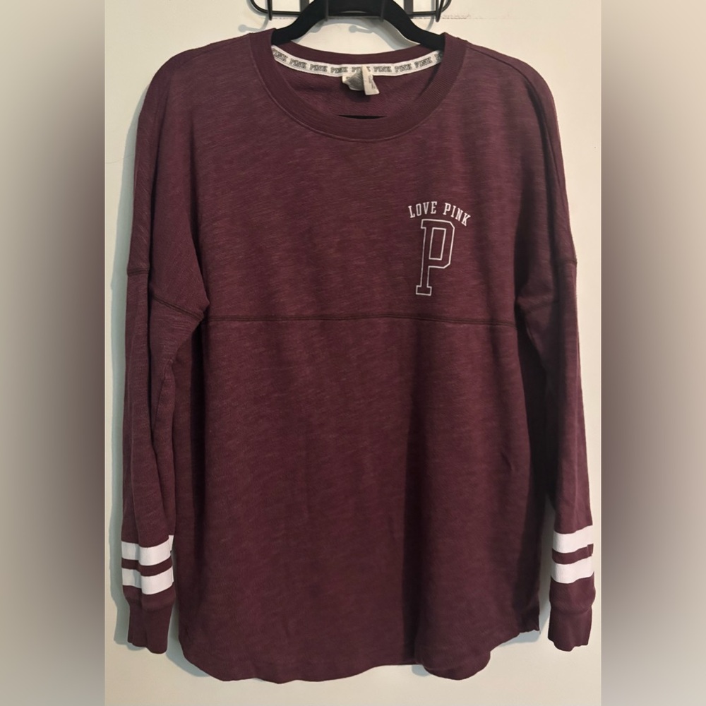 Pink Victoria's Secret Burgundy White Campus Shirt Sweatshirt Crew Women Small